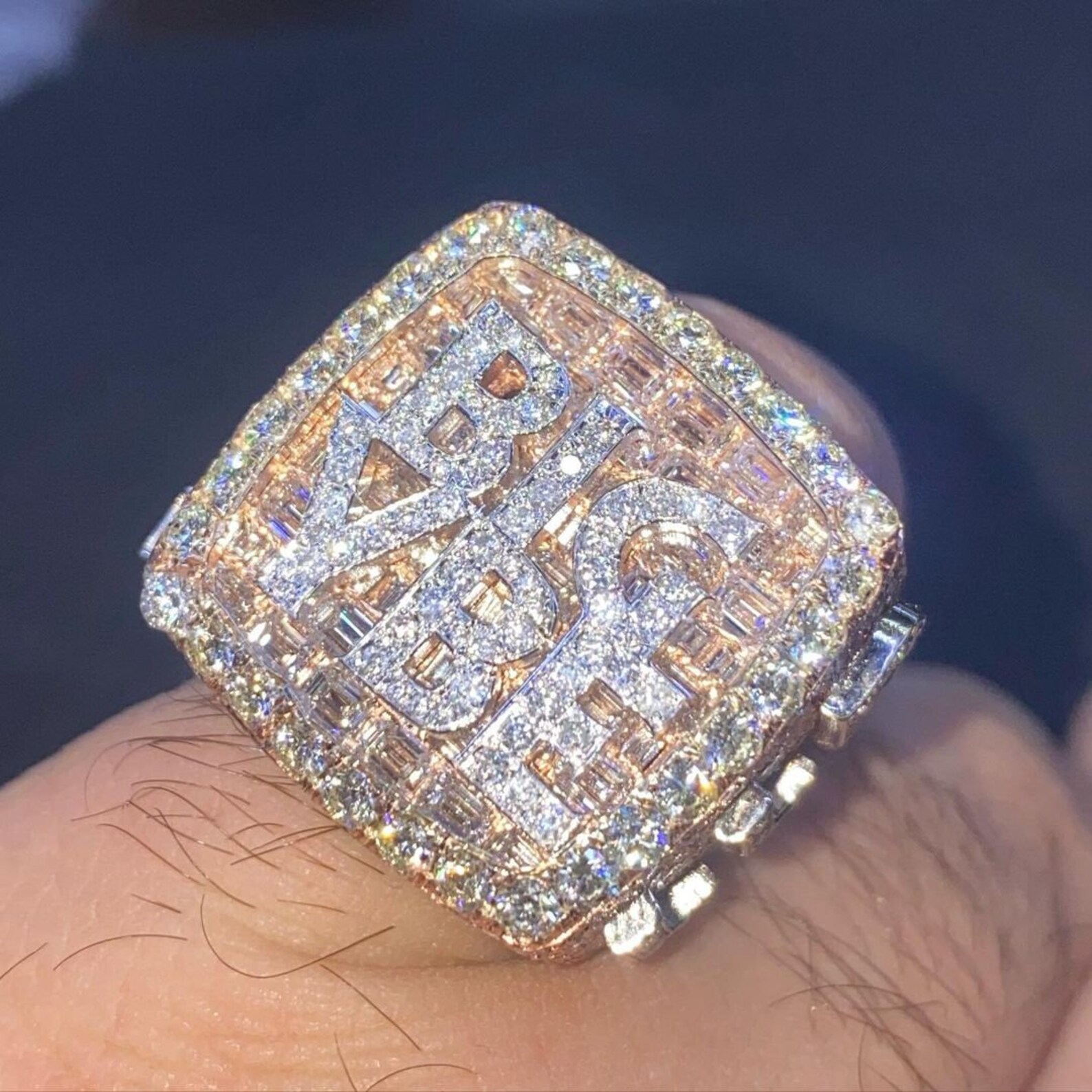 Baugette Rapper Ring Custom Championship Name 925 Sterling Silver Iced Out Round & Baguette ...