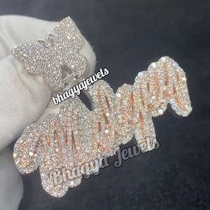 Colgante personalizado de dos tonos con aspecto 3D de moissanita completamente helado con letras que gotean, collar de raperos de plata de ley 925 con nombre personalizado