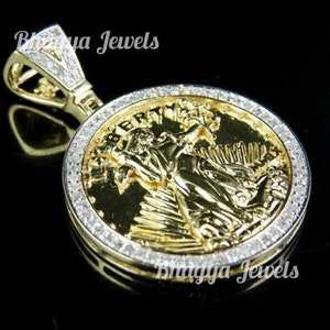 Men&#39;s Custom Hip Hop Round LIBERTY Pendant, VVS Moissanite Charm with 10K Solid Gold, Birthday Gift for him, Passes Tester