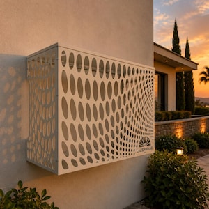May include: A white rectangular metal air conditioner cover featuring a laser-cut pattern of varying oval shapes. The front panel displays the text LAZERHANE in a semi-circular logo design. The unit is mounted on a light-colored exterior wall.