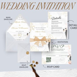 Invitación de boda de lujo en blanco y dorado con RSVP / Tarjeta elegante con detalles de boda / Opciones imprimibles o impresas
