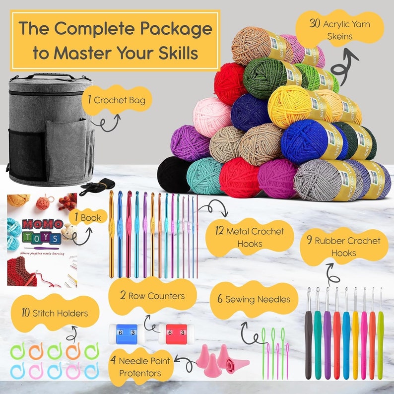 Beginner Crochet Kit W/ 130 Page Book, Crochet Yarn Set, Crochet Hook