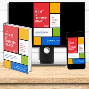 May include: Three different versions of a book titled "The Art of Customer Service" on a wooden surface. The book cover features a red, yellow, and green colour scheme with the text "The ultimate guide for a happy customer" and "Increase your positive feedbacks".