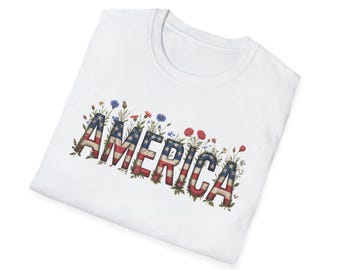 America Patriotic Typography T-Shirt | Flag Motif Letters, Stars & Fireworks