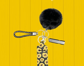 MOXIE BLING: Sunflower Moxie Bling - Maximum Your Moxie - Pom-Pom, Chapstick Holder, Safety Whistle, Wristlet