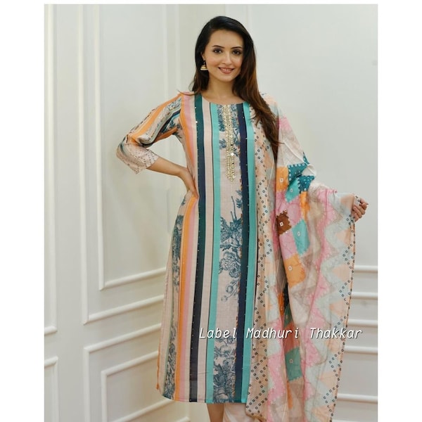 Beuatiful Multi Color Kurta Palazzo Sequece Work Straight Kurti Pant Set, Pakistani Embroidered Shalwar Kameez Dupatta Indian Readymade Suit
