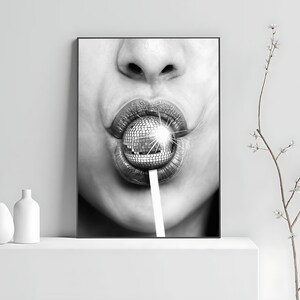 Minimalist Disco Ball Poster, Black And White, Disco Lollipop Print, Trendy Wall Art, Chic Room Decor, Wall Art Disco Ball, Digital Download