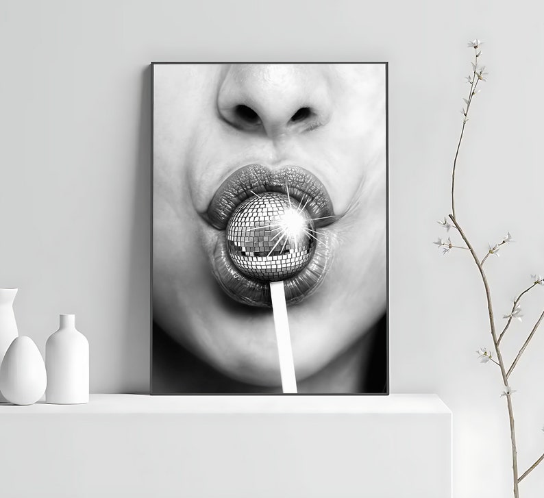Minimalist Disco Ball Poster, Black And White, Disco Lollipop Print, Trendy Wall Art, Chic Room Decor, Wall Art Disco Ball, Digital Download