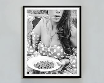 Woman Eating Spaghetti Print, Black and White, Vintage Poster, Restaurant Decor, Pasta Girl Print, Italy Photography Print, Digital Download