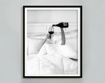 Woman Drinking Wine in Bed Print, Black And White, Feminist Print, Home Bar Decor, Girl Room Decor, Digital Download, Alcohol Poster Vintage