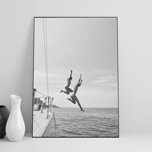 Black And White Ocean Jump Sail Boat, Yacht Wall Art, Women Jumping into Water, Wall Art, Beach Print, Summer Art, Boat Wall Art, Printable