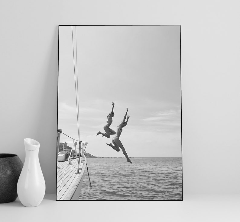 Black And White Ocean Jump Sail Boat, Yacht Wall Art, Women Jumping into Water, Wall Art, Beach Print, Summer Art, Boat Wall Art, Printable