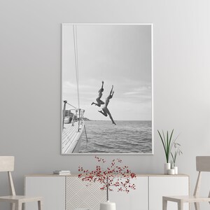 Black And White Ocean Jump Sail Boat, Yacht Wall Art, Women Jumping into Water, Wall Art, Beach Print, Summer Art, Boat Wall Art, Printable