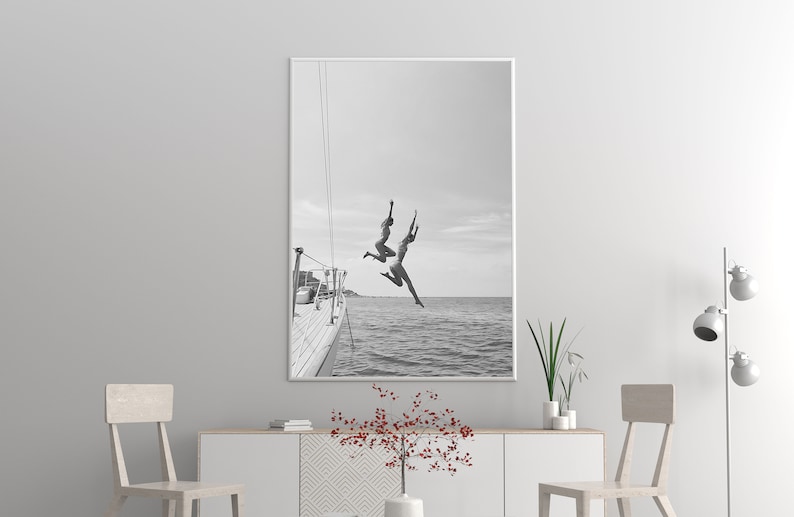 Black And White Ocean Jump Sail Boat, Yacht Wall Art, Women Jumping into Water, Wall Art, Beach Print, Summer Art, Boat Wall Art, Printable