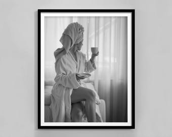 Woman Drinking Coffee in Bed Poster, Black And White, Coffee Shop Decor, Feminist Print, Fashion Wall Art, Digital Download, Kitchen Poster