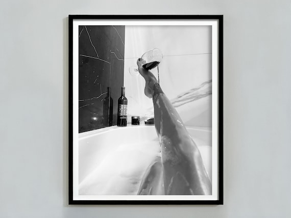 Woman Drinking Wine in Bathtub Poster, Black And White, Feminist Print, Girl Bathroom Decor, Home Bar Decor, Digital Download, Bathtub Art