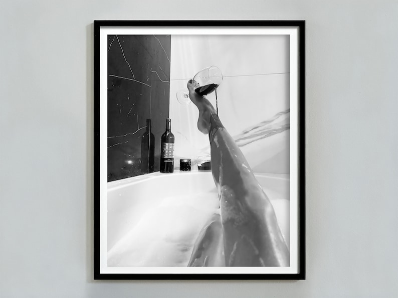 Woman Drinking Wine in Bathtub Poster, Black And White, Feminist Print, Girl Bathroom Decor, Home Bar Decor, Digital Download, Bathtub Art