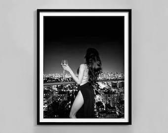 Woman Drinking Wine Print, Black And White, Luxury Fashion Poster, Bar Cart Poster, Trendy Wall Art, Digital Download, High Fashion Poster