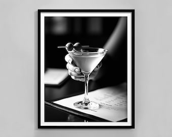 Black And White Martini Print, Cocktail Wall Art, Bar Cart Poster, Vintage Bar Decor, Martini Wall Art, Digital Download, Alcohol Poster