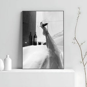 Woman Drinking Wine in Bathtub Poster, Black And White, Feminist Print, Girl Bathroom Decor, Home Bar Decor, Digital Download, Bathtub Art