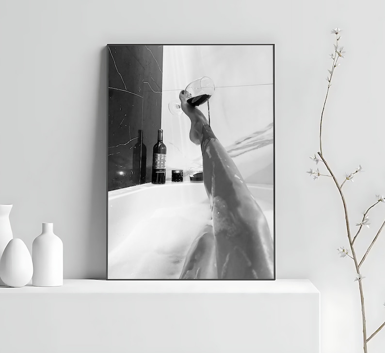 Woman Drinking Wine in Bathtub Poster, Black And White, Feminist Print, Girl Bathroom Decor, Home Bar Decor, Digital Download, Bathtub Art