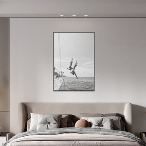Black And White Ocean Jump Sail Boat, Yacht Wall Art, Women Jumping into Water, Wall Art, Beach Print, Summer Art, Boat Wall Art, Printable