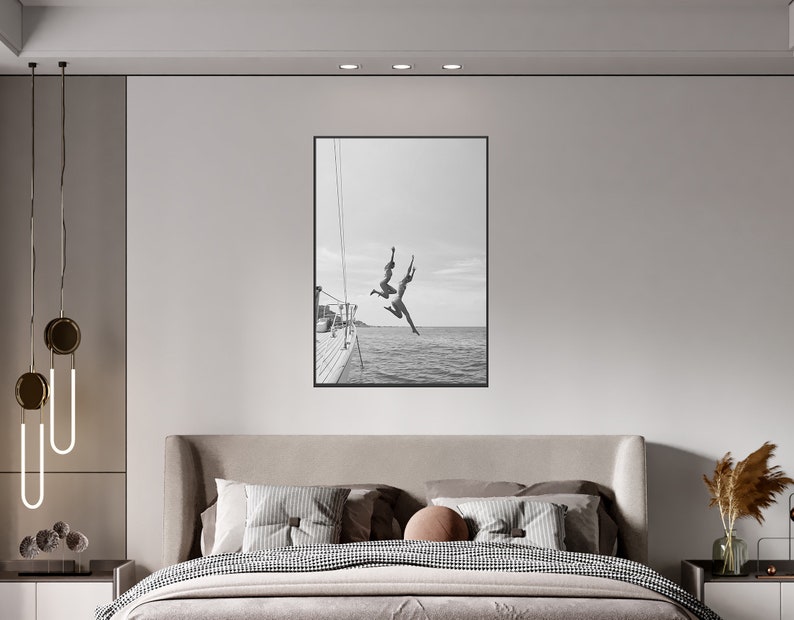 Black And White Ocean Jump Sail Boat, Yacht Wall Art, Women Jumping into Water, Wall Art, Beach Print, Summer Art, Boat Wall Art, Printable