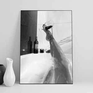 Woman Drinking Wine in Bathtub Poster, Black And White, Feminist Print, Girl Bathroom Decor, Home Bar Decor, Digital Download, Bathtub Art
