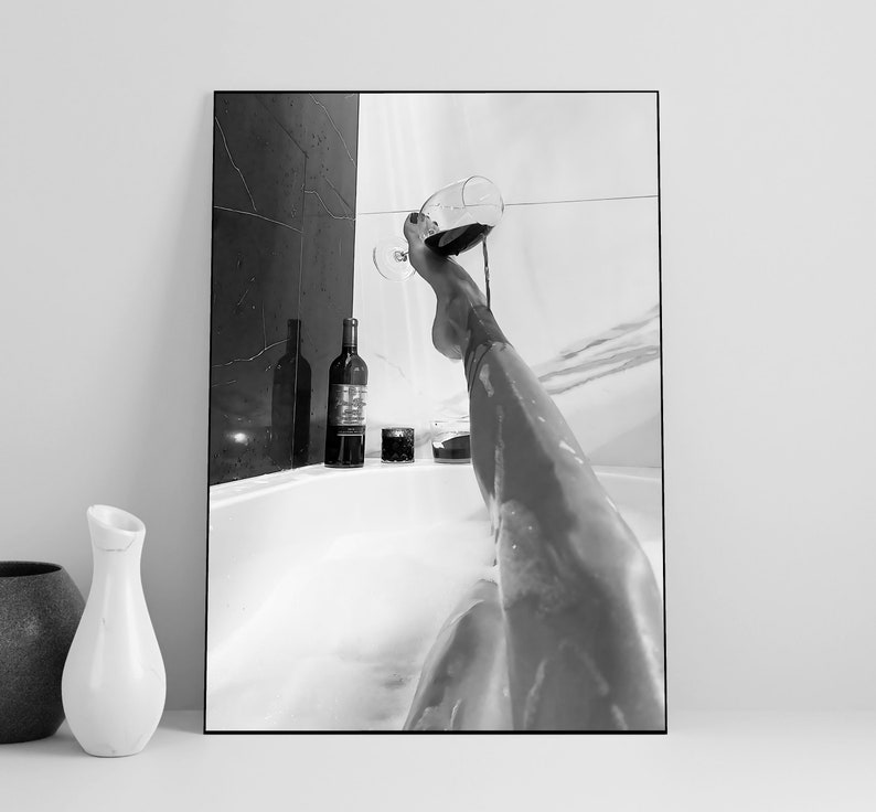 Woman Drinking Wine in Bathtub Poster, Black And White, Feminist Print, Girl Bathroom Decor, Home Bar Decor, Digital Download, Bathtub Art