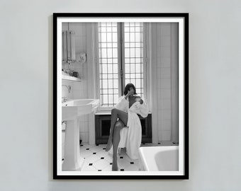 Woman Drinking Coffee Poster, Feminist Poster, Black and White, Bathtub Print, Digital Download, Bathroom Decor, Chic Wall Art, Printable