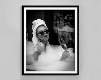 Woman Drinking Wine in Bathtub Print, Black And White, Bar Cart Poster, Girl Bathroom Decor, Bathroom Wall Art, Digital Download, Chic Print
