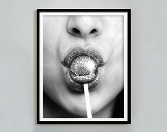 Minimalist Disco Ball Poster, Black And White, Disco Lollipop Print, Trendy Wall Art, Chic Room Decor, Wall Art Disco Ball, Digital Download