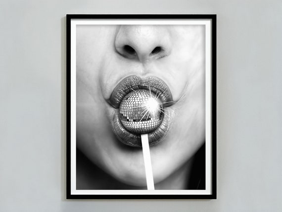 Minimalist Disco Ball Poster, Black And White, Disco Lollipop Print, Trendy Wall Art, Chic Room Decor, Wall Art Disco Ball, Digital Download