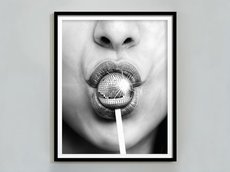 Minimalist Disco Ball Poster, Black And White, Disco Lollipop Print, Trendy Wall Art, Chic Room Decor, Wall Art Disco Ball, Digital Download