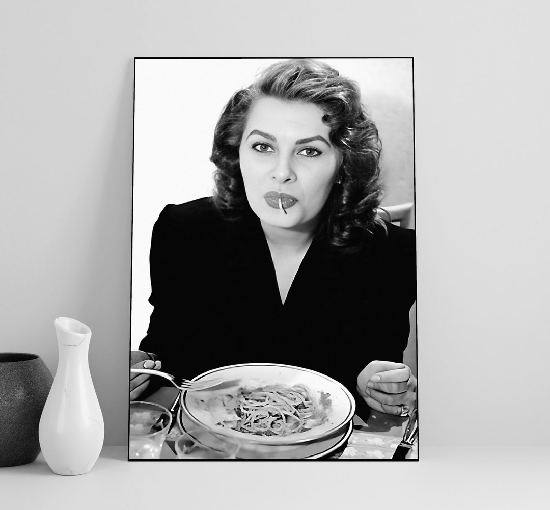 Sophia Loren Eating Spaghetti Poster, Black and White, Sophia Loren