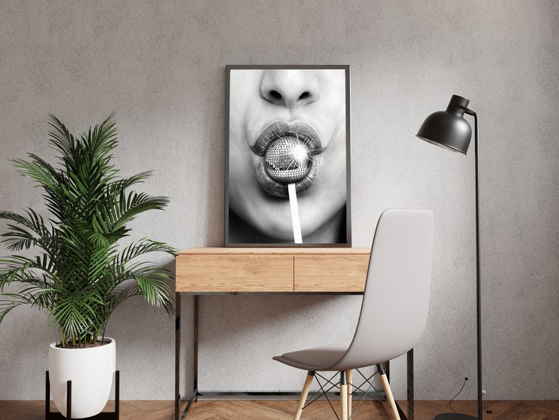 Minimalist Disco Ball Poster, Black And White, Disco Lollipop Print, Trendy Wall Art, Chic Room Decor, Wall Art Disco Ball, Digital Download