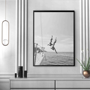 Black And White Ocean Jump Sail Boat, Yacht Wall Art, Women Jumping into Water, Wall Art, Beach Print, Summer Art, Boat Wall Art, Printable