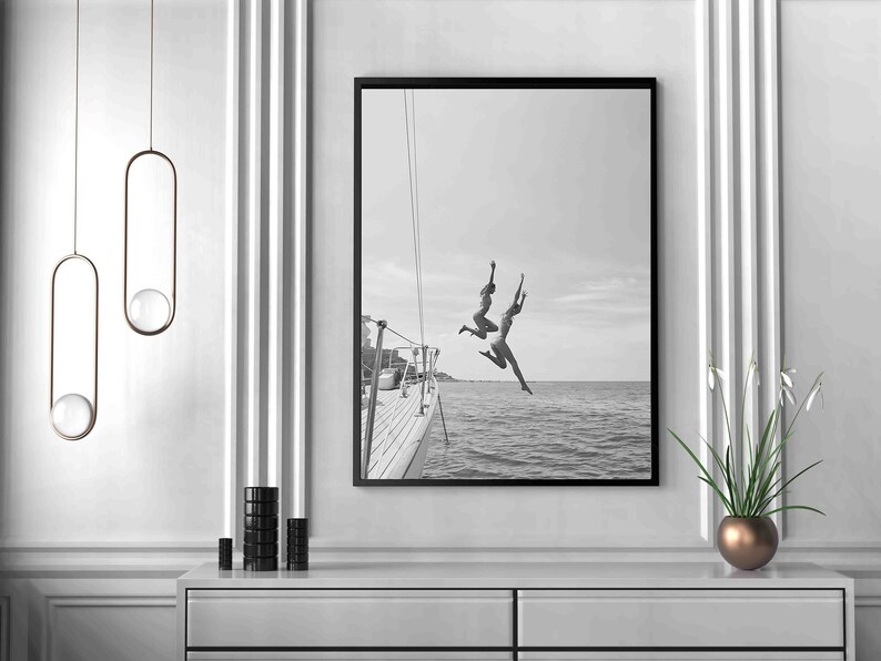 Black And White Ocean Jump Sail Boat, Yacht Wall Art, Women Jumping into Water, Wall Art, Beach Print, Summer Art, Boat Wall Art, Printable