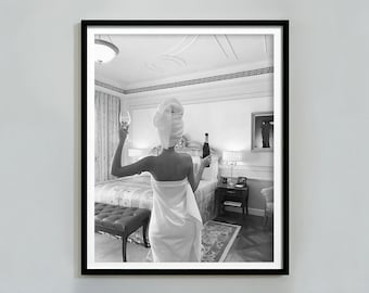 Woman Drinking Wine in Bed Print, Black And White, Feminist Poster, Bar Cart Print, Bedroom Decor, Digital Download, Alcohol Poster Vintage