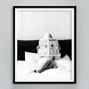Woman Reading Newspaper Print, Black And White, Bedroom Wall Art, Feminist Poster, Digital Download, Fashion Photography, Woman Reading Art
