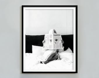 Woman Reading Newspaper Print, Black And White, Bedroom Wall Art, Feminist Poster, Digital Download, Fashion Photography, Woman Reading Art