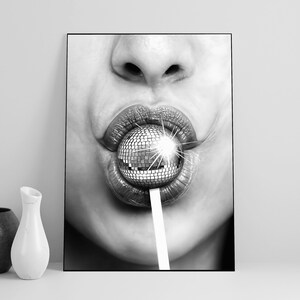 Minimalist Disco Ball Poster, Black And White, Disco Lollipop Print, Trendy Wall Art, Chic Room Decor, Wall Art Disco Ball, Digital Download