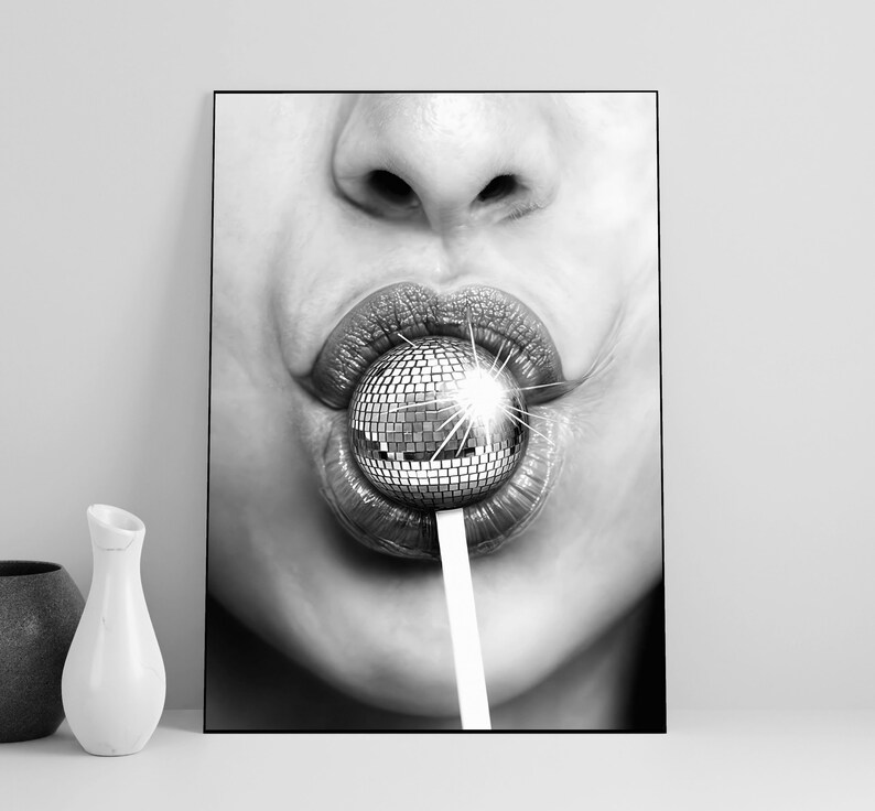 Minimalist Disco Ball Poster, Black And White, Disco Lollipop Print, Trendy Wall Art, Chic Room Decor, Wall Art Disco Ball, Digital Download