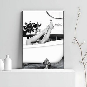 Woman in Bathtub Print, Feminist Poster, Bathroom Wall Art, Black and White, Vintage Photography, Girls Bathroom Decor, Feminine Wall Art