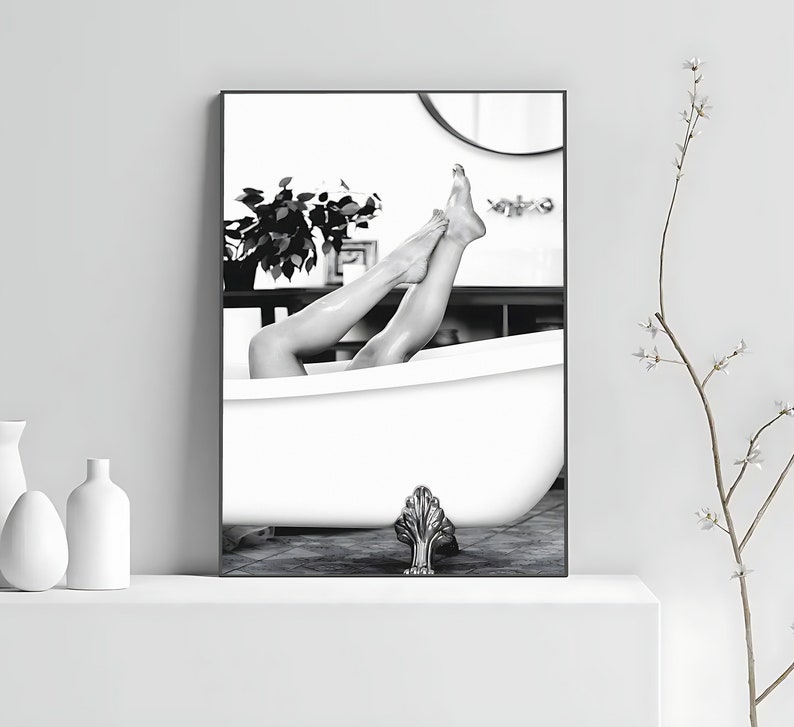 Woman in Bathtub Print, Feminist Poster, Bathroom Wall Art, Black and White, Vintage Photography, Girls Bathroom Decor, Feminine Wall Art