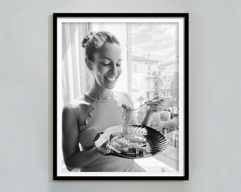 Woman Eating Spaghetti Poster, Black and White, Vintage Photo, Italian Pasta Print, Kitchen Wall Art, Restaurant Decor, Pasta Poster, Canvas