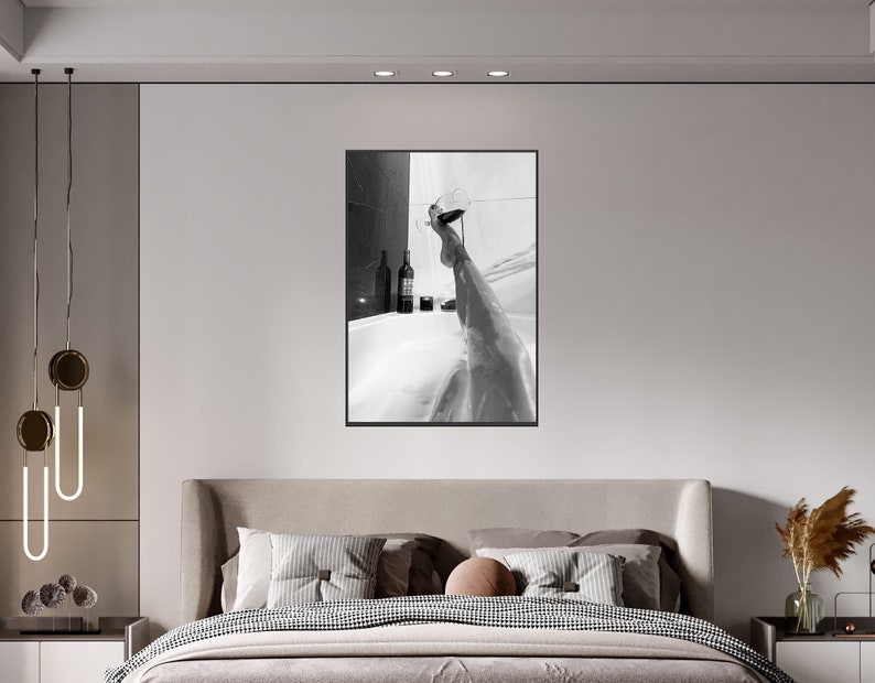 Woman Drinking Wine in Bathtub Poster, Black And White, Feminist Print, Girl Bathroom Decor, Home Bar Decor, Digital Download, Bathtub Art