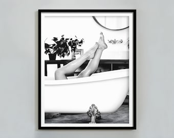 Woman in Bathtub Print, Feminist Poster, Bathroom Wall Art, Black and White, Vintage Photography, Girls Bathroom Decor, Feminine Wall Art