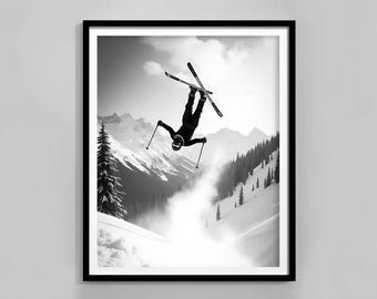 Vintage Ski Jumper Poster, Black And White, Snowboard Print, Ski Lodge Decor, Digital Download, Ski Photo Print, Vintage Ski Photography