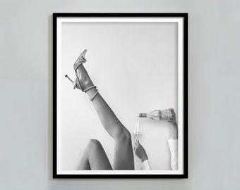 Woman Drinking Champagne Print, Feminist Poster, Black And White, High Heels Poster, Digital Download, Bar Cart Print, Teen Girl Room Decor